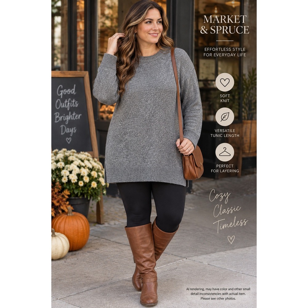 Market & Spruce 1X Tunic Sweater Gray Soft Knit Crew Neck High Low Fall Casual